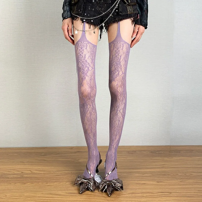 New Color Purple Tights Women Sexy Fishnet Flower Mesh Stockings with Garters Hollow Out Thigh High Socks Japanese JK Pantyhose
