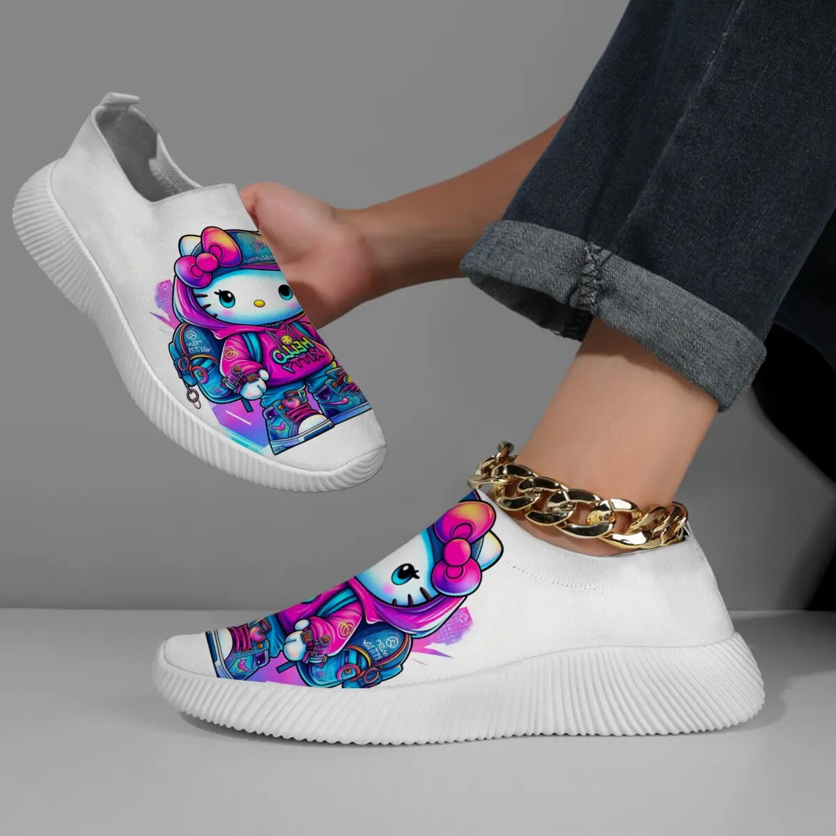 

Casual Sneakers Women Cartoon Graffiti Character Slip-On Sanrio Hello Kitty Autumn Training Shoes Girls Low Top Sneakers