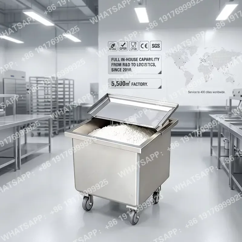 Stainless Steel Silver Flour Cart Used in Restaurant Canteen Lid Rice Jar Ingredient Storage with Movable Wheels