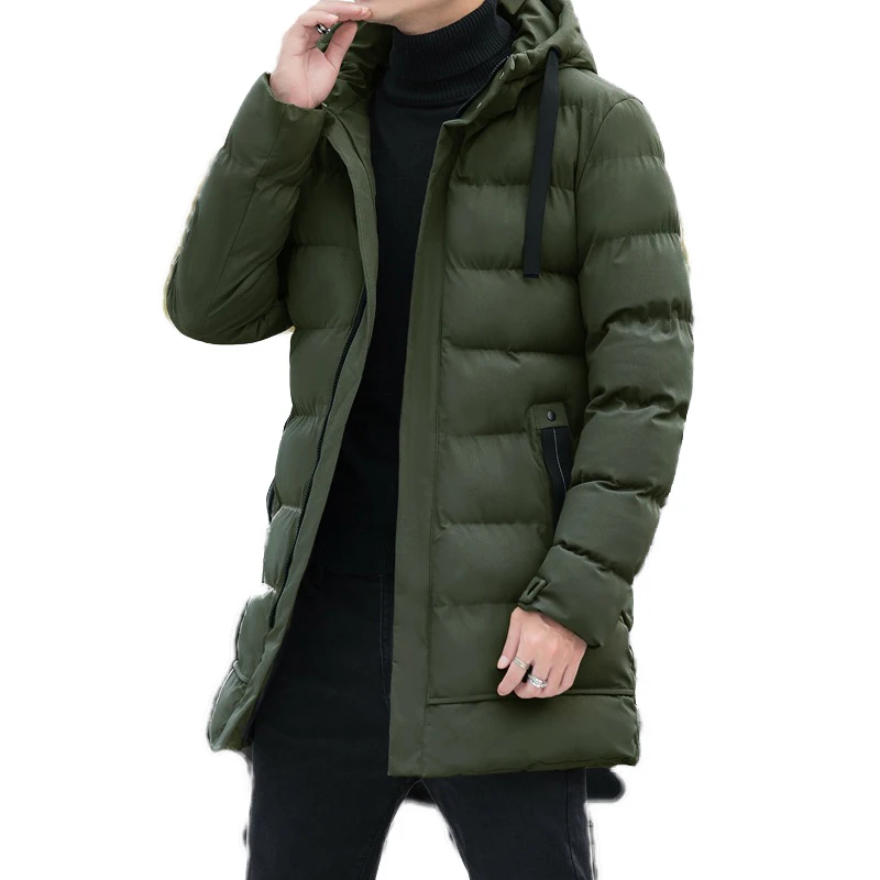 Mannen Warme Lange Puffer Jas Thicken Gewatteerde Mid-Lengte Kapmantel Winter Casual Puffer Jas Uitloper Overjas Jas Parka