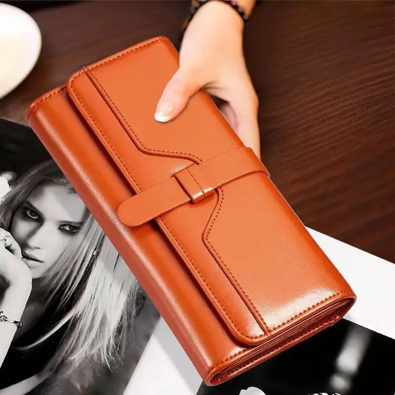 New Korean-style Women’s Long Wallet Fashionable Oiled Waxed Leather Tri-fold Drawstring Monochrome Retro Purse