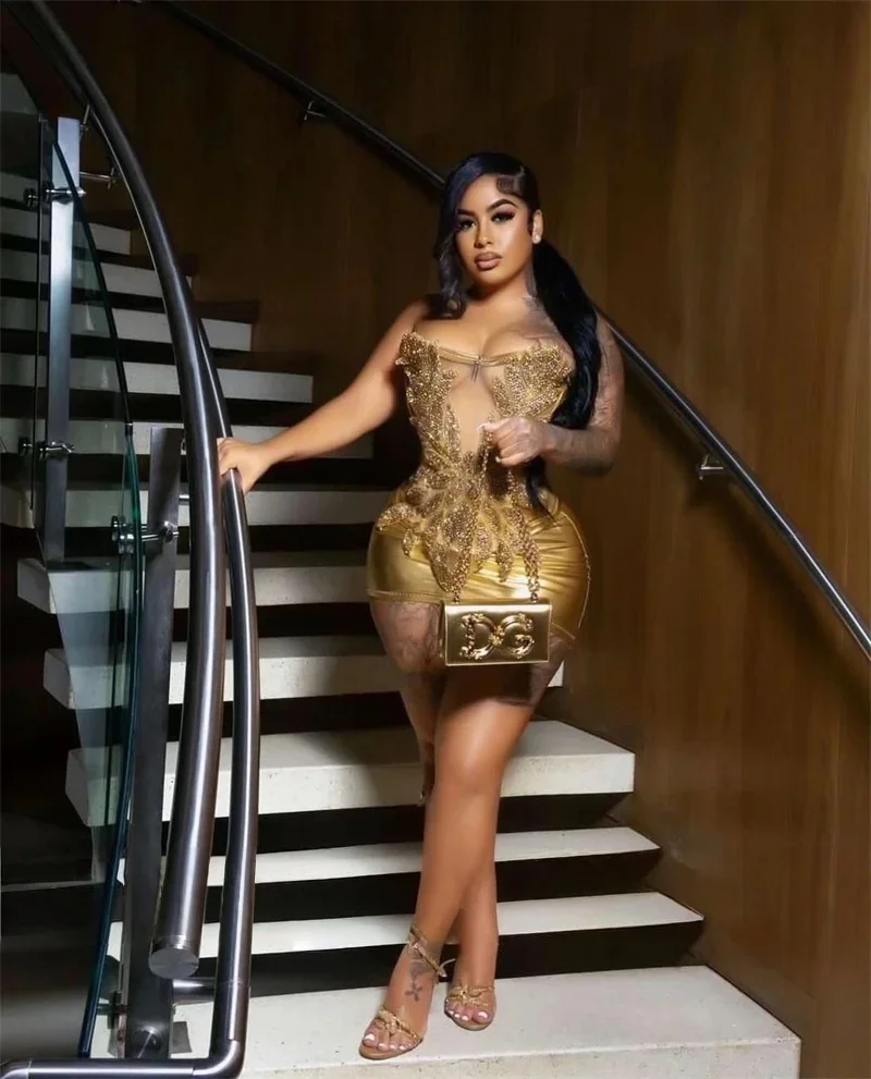 Sexy kurze Ballkleider für schwarze Mädchen, goldfarben, durchsichtig, mit Perlen besetzt, für afrikanische Geburtstagsfeiern, Heimkehr, Cocktailkleider, individuell gestaltet
