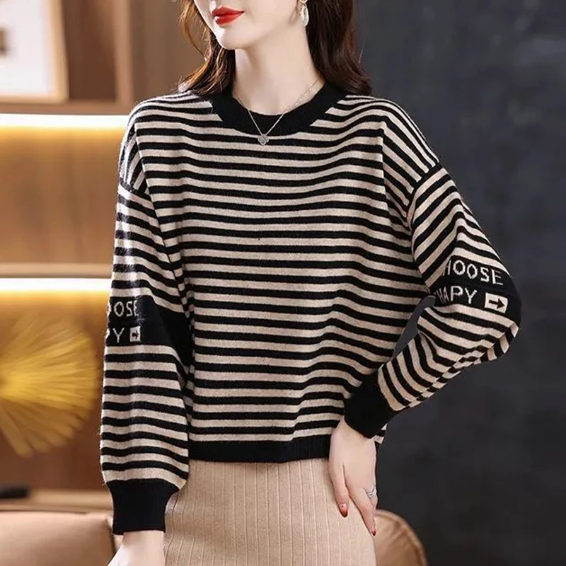 2023 Women Korean Style Striped Letter Chic Elegant Knitted Sweater Female Simple Casual Long Sleeve Pullover Tops Loose Jumpers