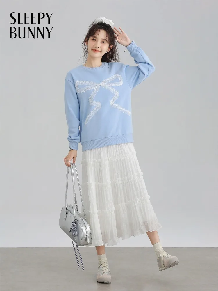 

Женский свитшот с круглым вырезом, кружевом и бантом, свободного кроя, в непринужденном стиле, с длинными рукавами, для повседневной носки, шикарный пуловер на каждый день