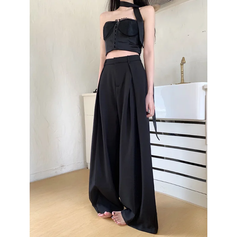 Damen-Hose mit hoher Taille und weitem Bein, lockere, bequeme Freizeithose mit Falten