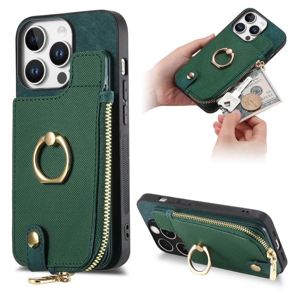 Wallet with Card Holder Ring Kickstand Zipper Leather Phone Case for iPhone 16 15 14 11 Pro Max XS XR 7 8 Plus 13 12 Mini Cover