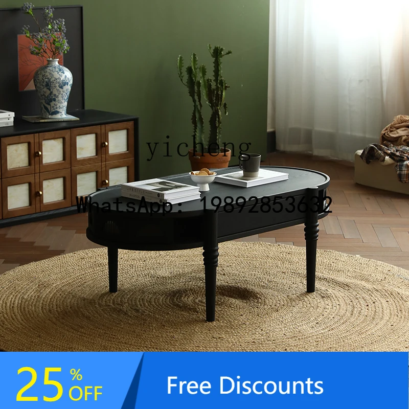 

retro oval art solid wood coffee table black Nanyang French style art