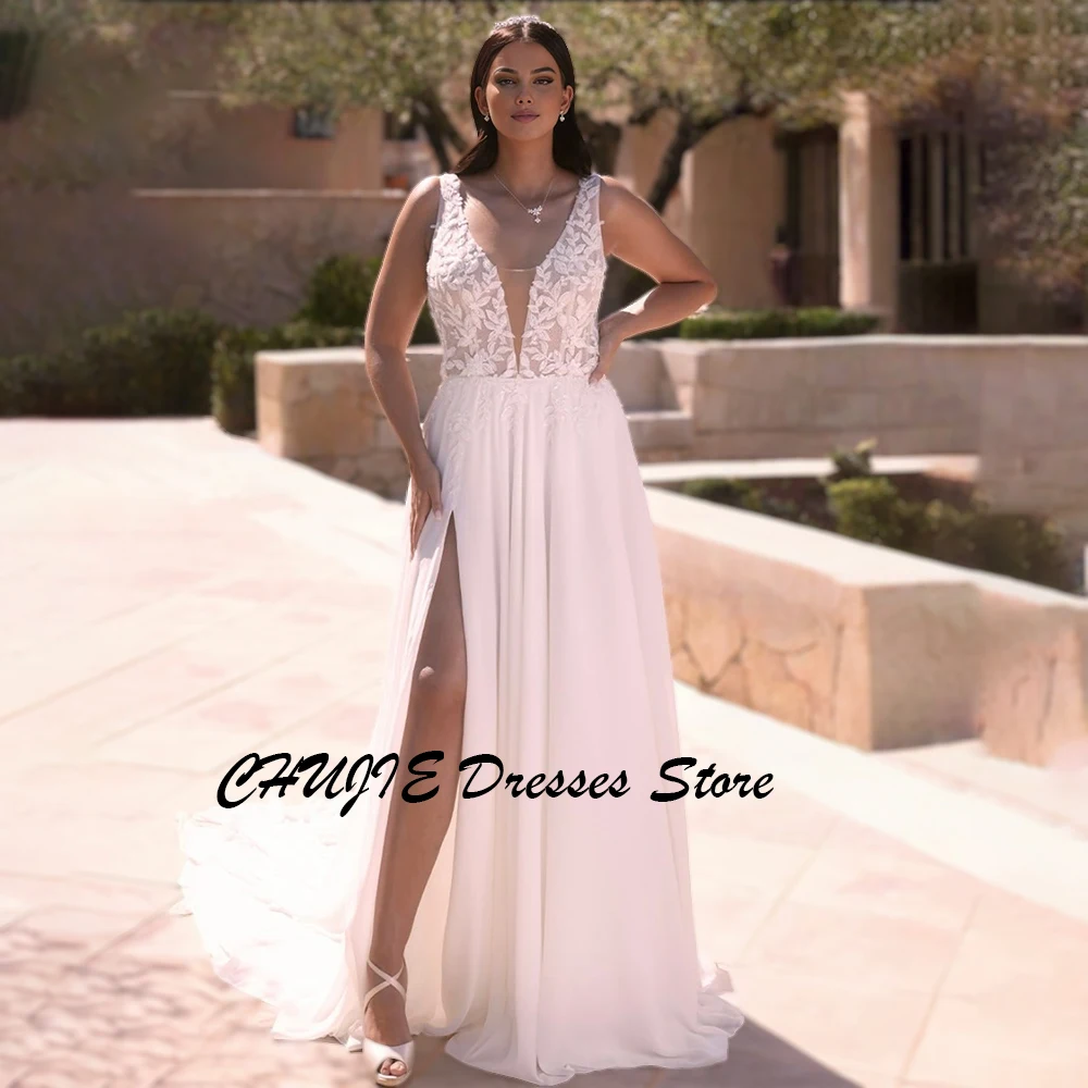 

White Chiffon V Neck Appliques Wedding Dresses Elegant Long A Line Pleat Bridal Gowns Customized Bride Dress Vestido de novia