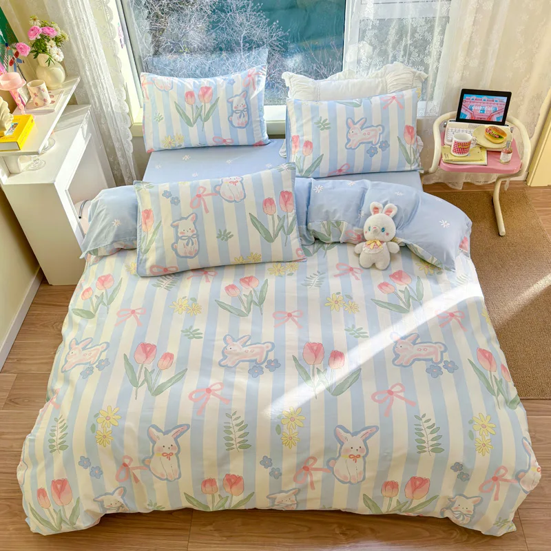 

Botanical Tulip Floral and Cartoon Rabbit Pattern Duvet Cover Blue Stripes Bedding Set Girl's Cotton Farmhouse Comforter Cover