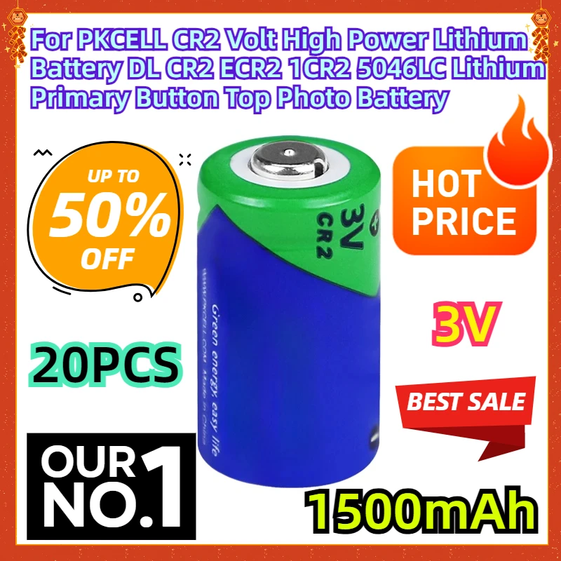 

For PKCELL 20PCS CR2 Volt High Power Lithium Battery DL CR2 ECR2 1CR2 5046LC 1500mAh 3V Lithium Primary Button Top Photo Battery