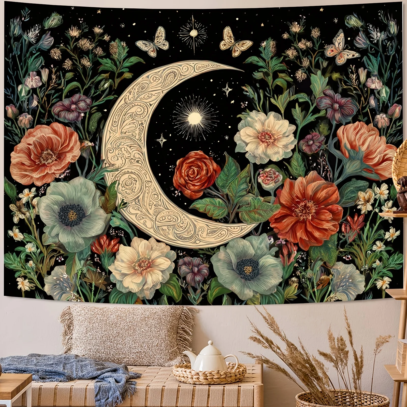 Celestial Moon & Floral Tapestry 2D Digital Print Polyester Wall Hanging Living Room Bedroom Office Studio Decor with Hooks