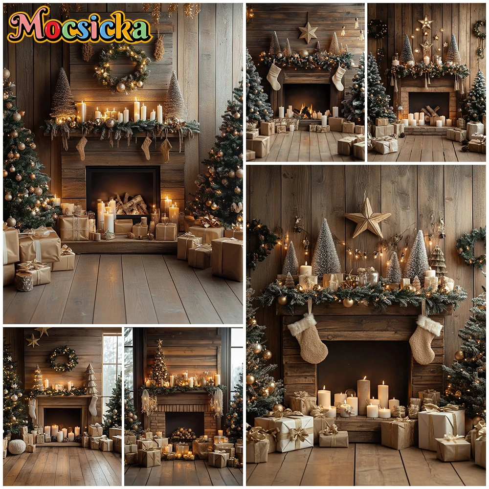 Mocsicka Christmas Photo Backdrops Home New Year Party Tree Log Cabin Fireplace Studio Backgrounds Decorations Family Wallpaper