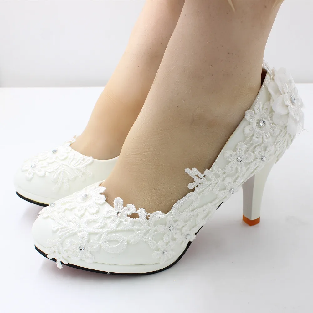 

Sexy Pumps Women Wedding PU 8CM Thin Heels Fashion Flower Shallow Lace Women Party Mule Shoes White