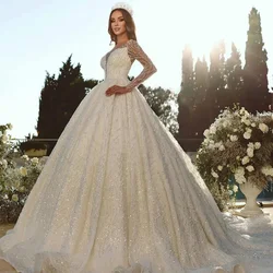 customized Luxury Wedding Dress A-Line With Bead Lace Sequins Ball Gown Full Sleeves O-Neck Bride Dress Vestido De Novia 2025