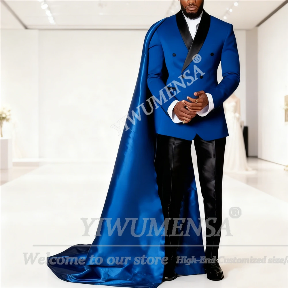 Smoking da sposo brillante con mantello lungo in raso con risvolto doppio petto giacca pantaloni abiti personalizzati uomo costume slim homme