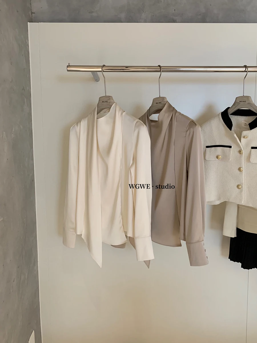 

Ele Long Sve Silk irt Women's Inner Wear French Sle High Waist pe round Ne Regular Length Pure Color Base irt