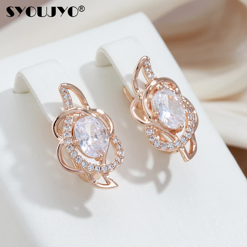 SYOUJYO Exquisite Crystal Flower Earrings for Women Big Natural Zircon 585 Rose Gold Color Luxury Bride Wedding Jewelry