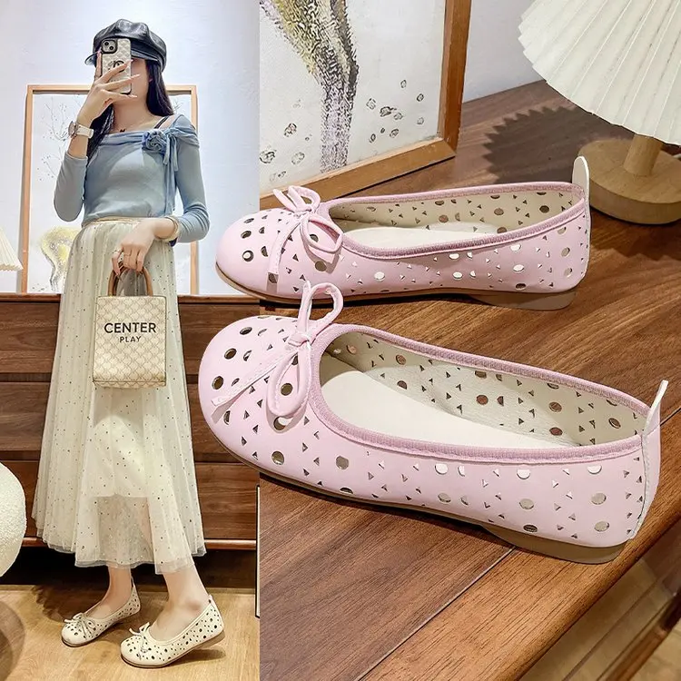 

Women's Perforated Bowknot Decor Slip-On Flats Round Toe Breathable Lightweight Casual Walking Shoes for Summer School Office