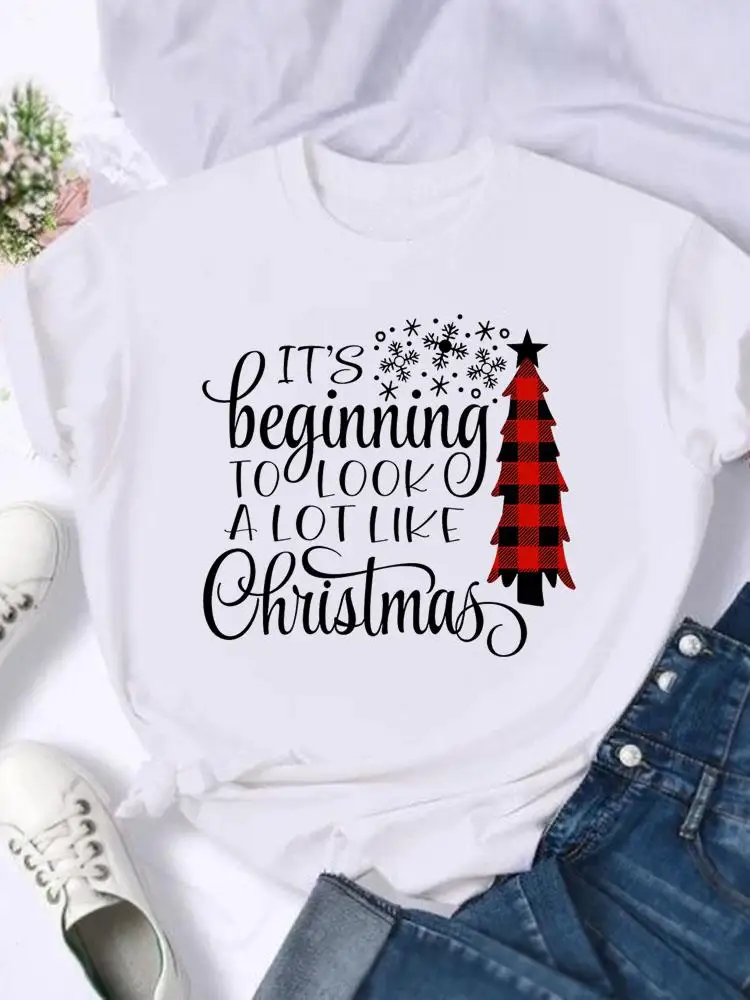 

Women Holiday Clothing Merry Christmas Fashion Female Plaid Letter Trend 90s New Year T-shirts Shirt Print T Top Graphic Tee