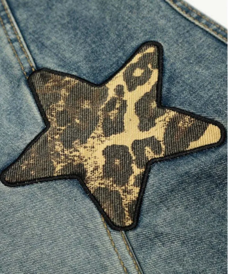 Damen Vintage Washed Baggy Jeans mit abnehmbarem Denim-Wickelgürtel, Leoparden- und Sternmuster, weitem Bein, lockerer Y2K Streetwear, Oversized Denim-Hose – Detail 10