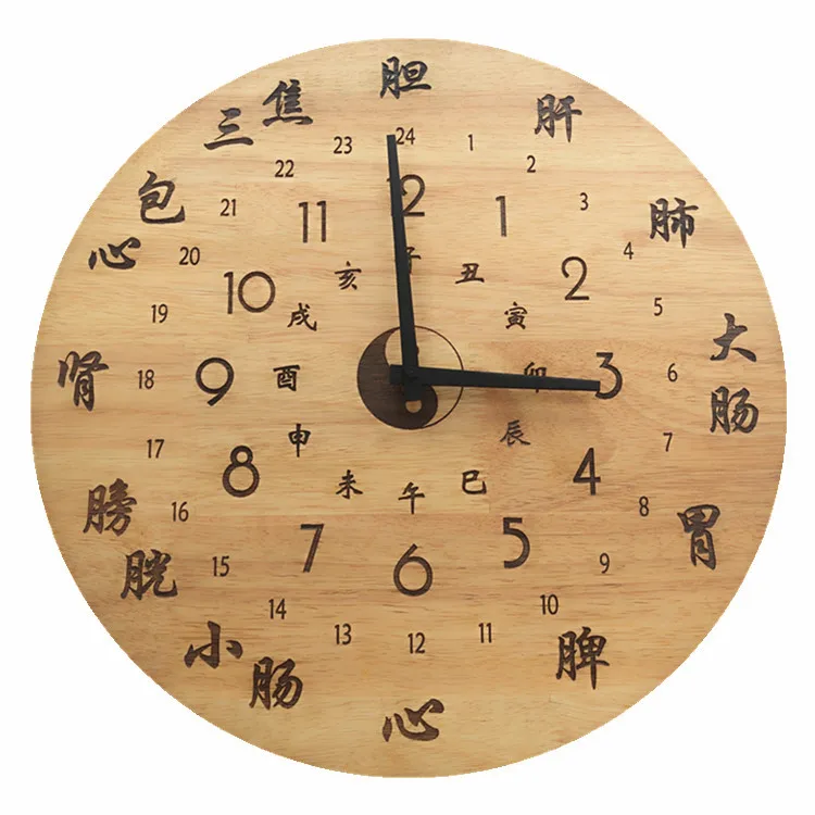 Wooden Wall Clock Traditional Chinese Style Medicine Health Home Decor Quiet Living Room Decorative Wall Clock