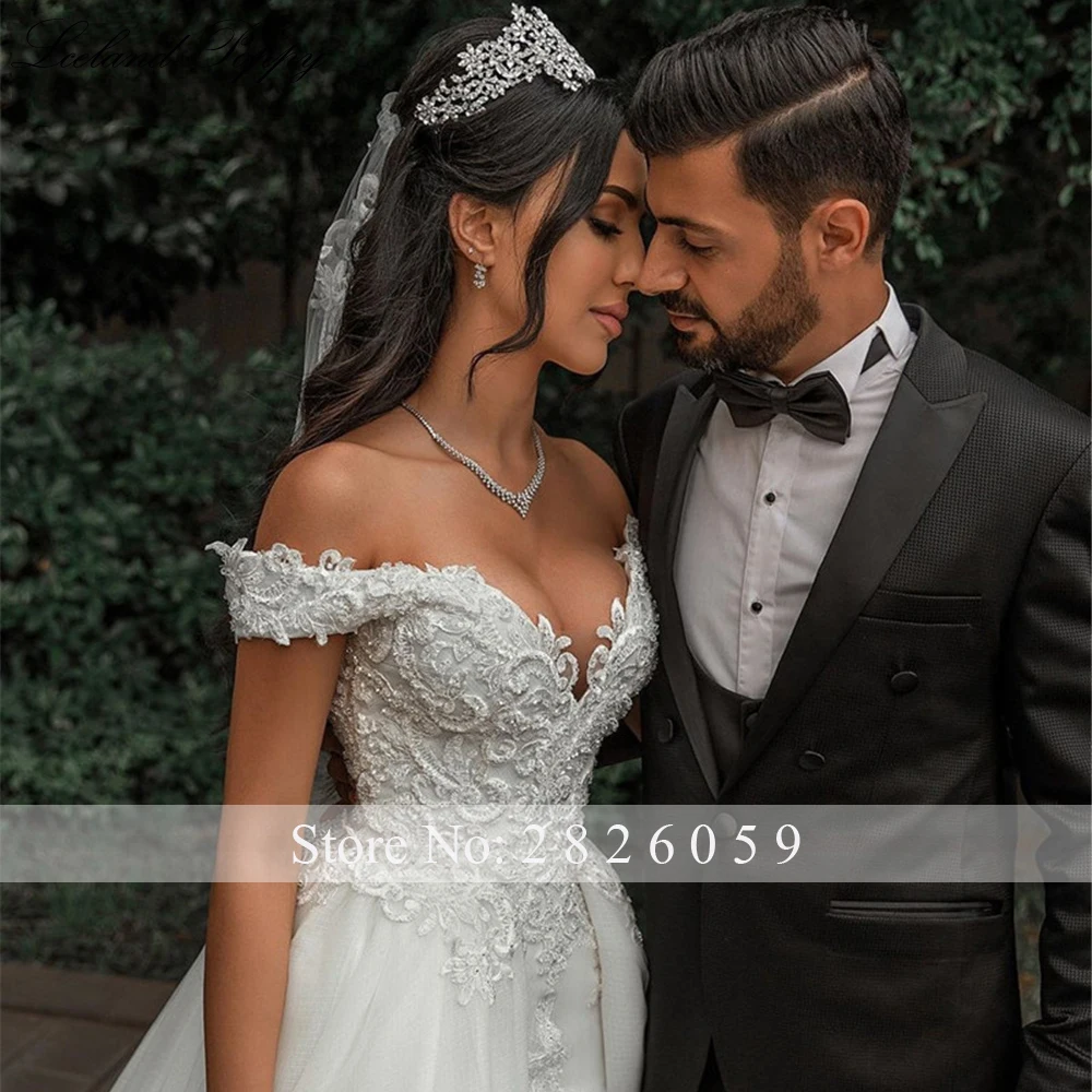 Lceland Poppy Sexy scollo a barca abiti da sposa a sirena Appliques di pizzo con perline abiti da sposa con treno staccabile