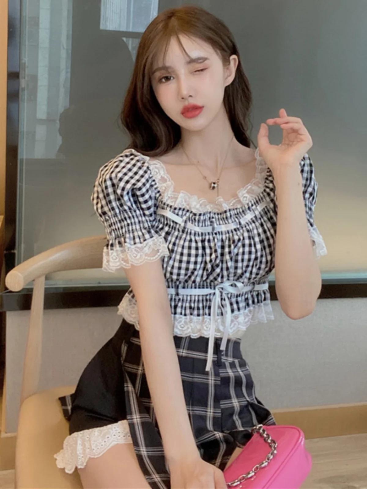 

Summer Women's Bubble Sleeve Ruffle Patchwork Slim Fit Skirt Set Two Piece Set Pleated Short Skirt Floral Trimmed Ensemble