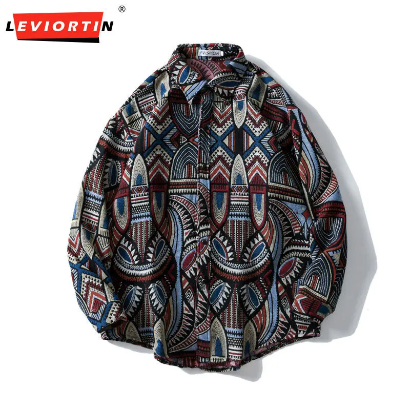 Vintage Thick Shirts Y2K Streetwear Hip Hop Retro Geometry Pattern Button Up Long Sleeve Shirt Coats Fashion Casual Loose Jacket