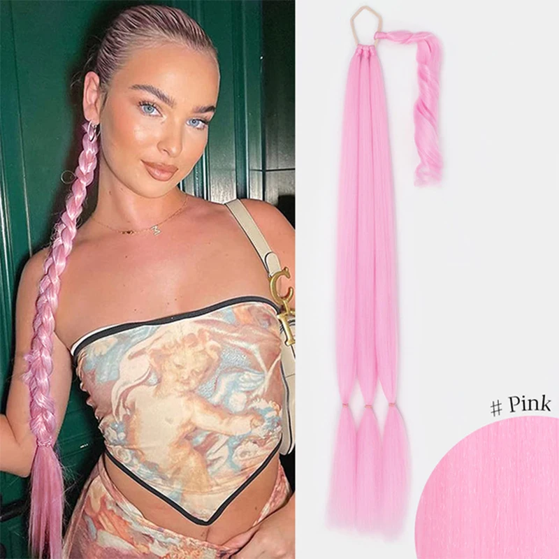 

Long Braid Ponytail for Women Pink Hair Braided Pony Tail with Rubber Band Synthetic Hairpiece Wrap Around Horse Tail Extensions