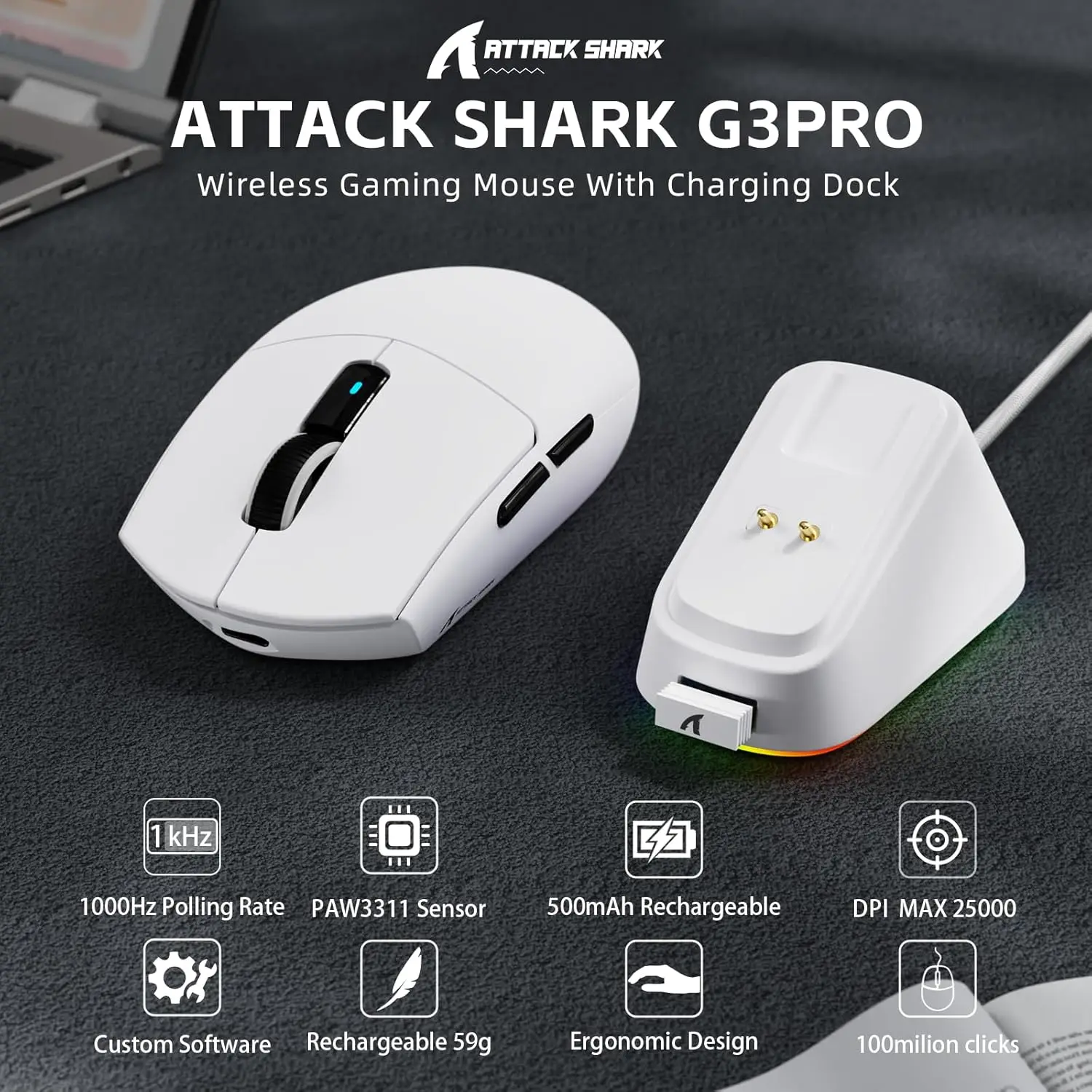 

ATTACK SHARK G3PRO Wireless Gaming Mouse with RGB Charging Dock,2.4G/USB-C Wired/BT PAW3311 Optical Sensor 1K Polling Rate Adjus