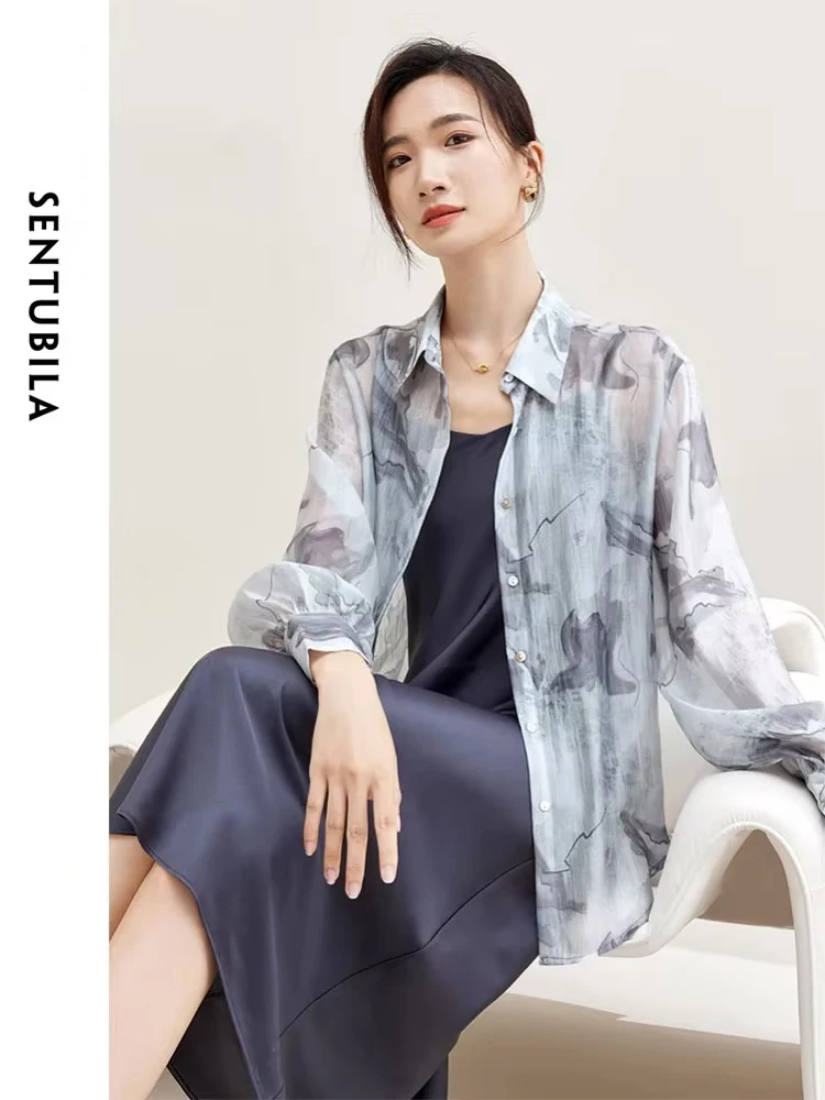 SENTUBILA Elegant Polo Neck Shirt Women 2024 Spring Long Sleeve Ladies Button UP Blouse Chinese Brush Painting Tops 143C56286X