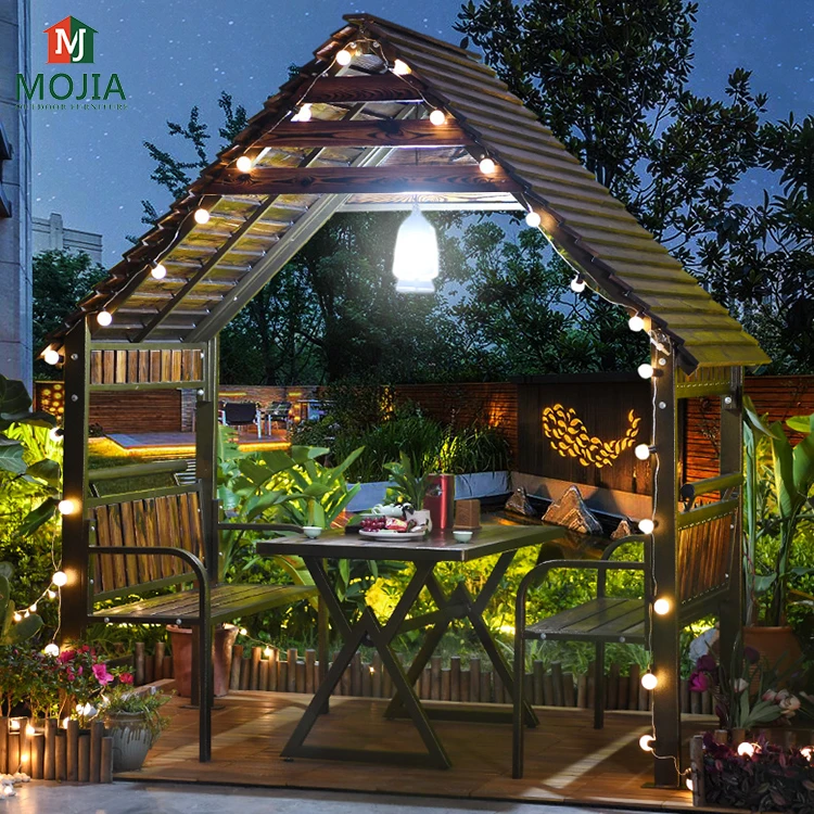 Popular Commercial Wooden House Pavilion Bar Restaurant Garden Gazebo Bench Table with LED Chinese Design Outdoor Plastic Wood