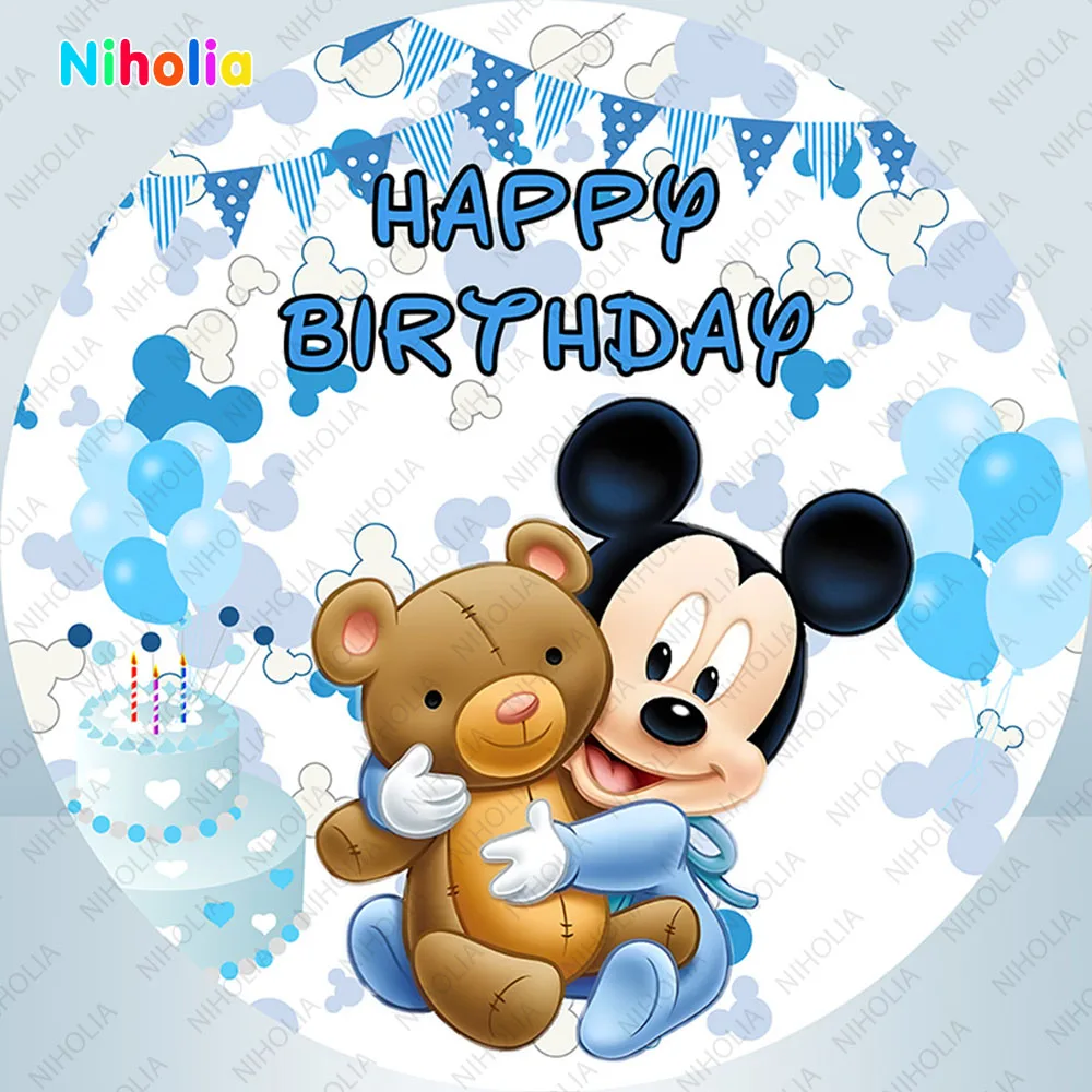 Mickey Mouse Backdrop Birthday Party For Kid 1st Baby Shower Round Background Covers Disney Character Customize Event Decor