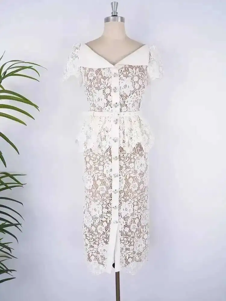 Long Lace Prom Dress Women 2026 Summer Dresses Short Sleeve Embroidery Single Breasted Beaded Diamonds Evening Party Midi Robe