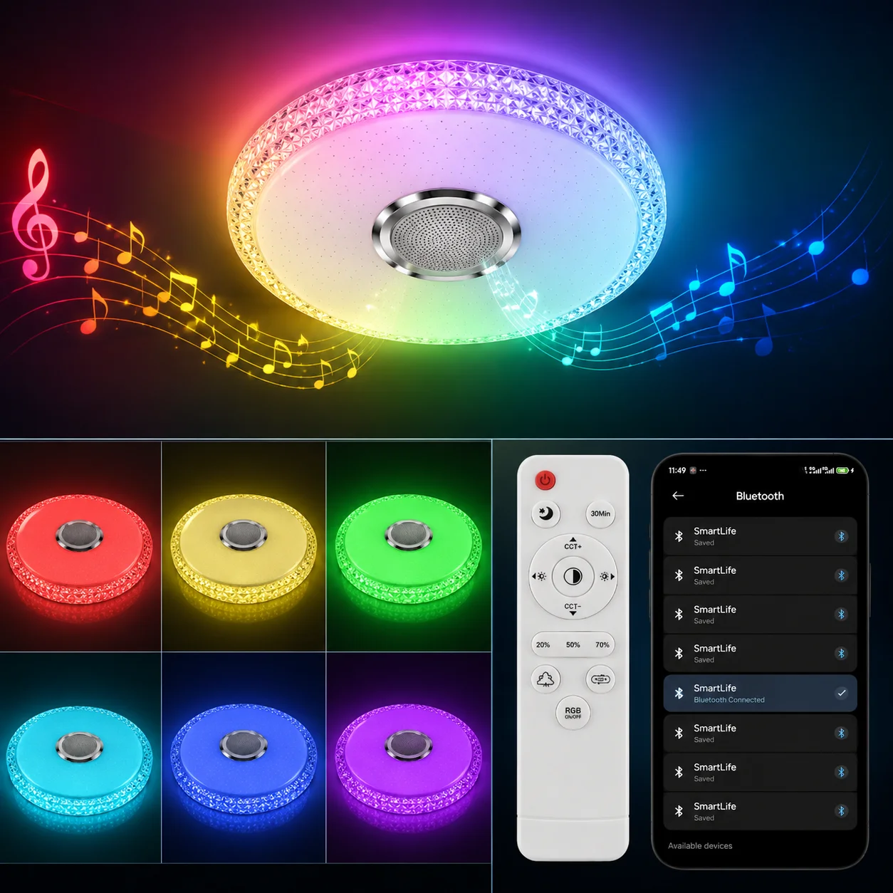 ceiling light, LED RGB ceiling light, featuring a three-color LED strip and Bluetooth speaker system with remote Christmas music