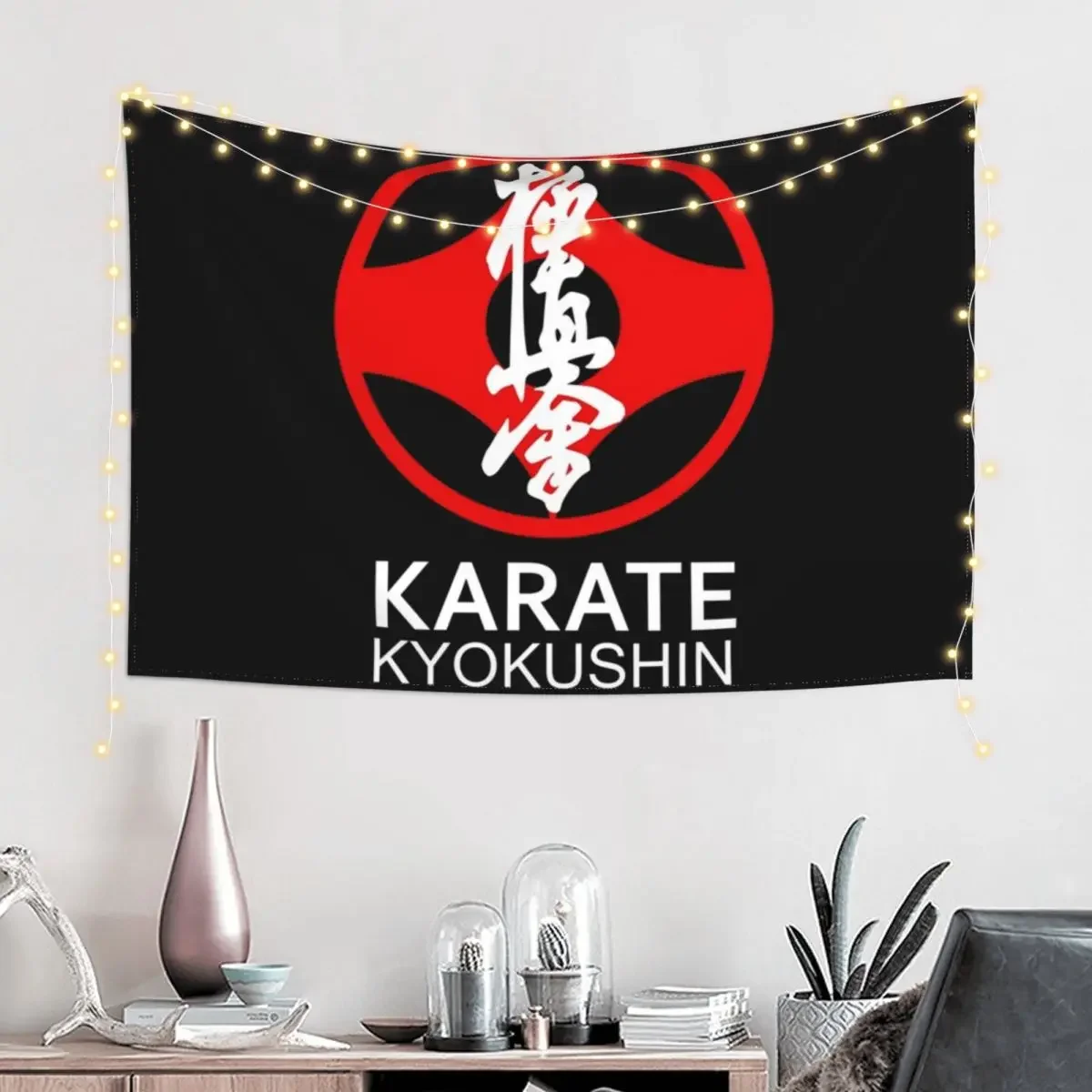 Kyokushin Karate Symbol and Kanji White Text Tapestry Korean Room Decor Aesthetic Room Decors Room Decor Korean Style Tapestry