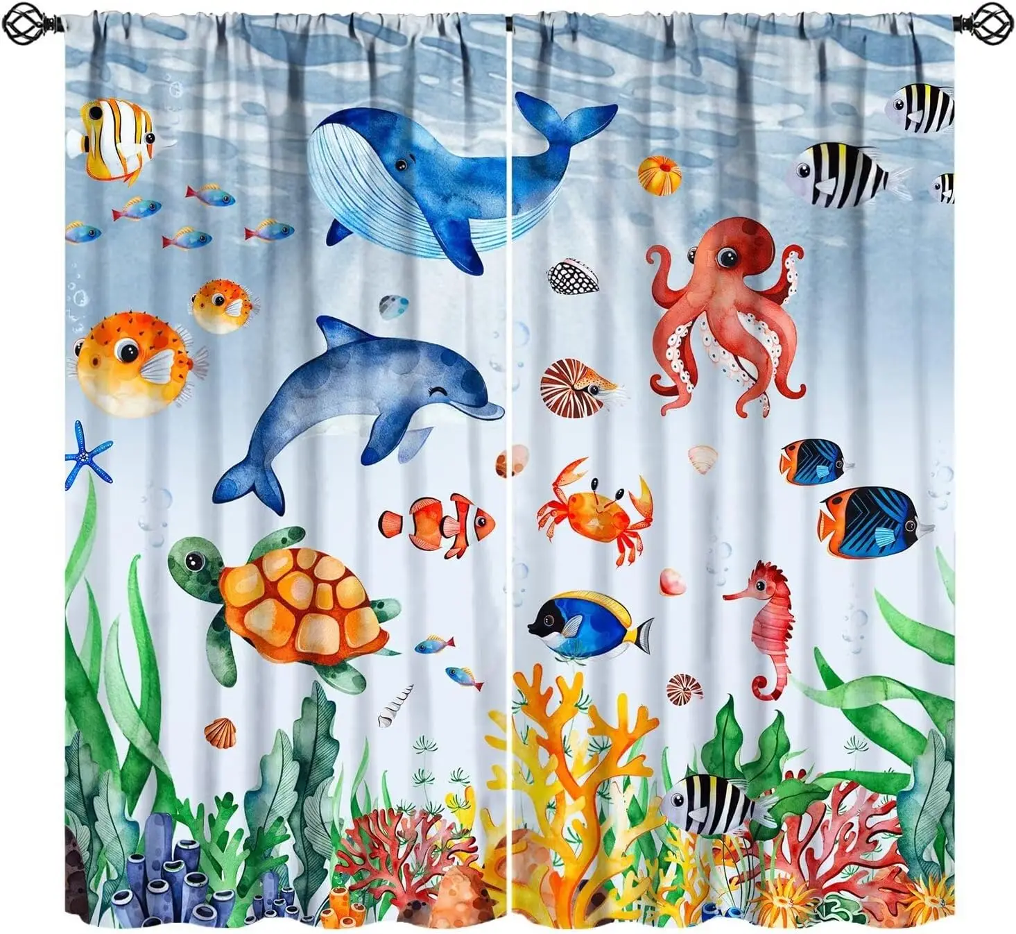 Sea Animal Curtains Boys Girls Bedroom Nursery Decor Cartoon Tropical Fish Underwater Coral Animals Art Printed Blackout Window