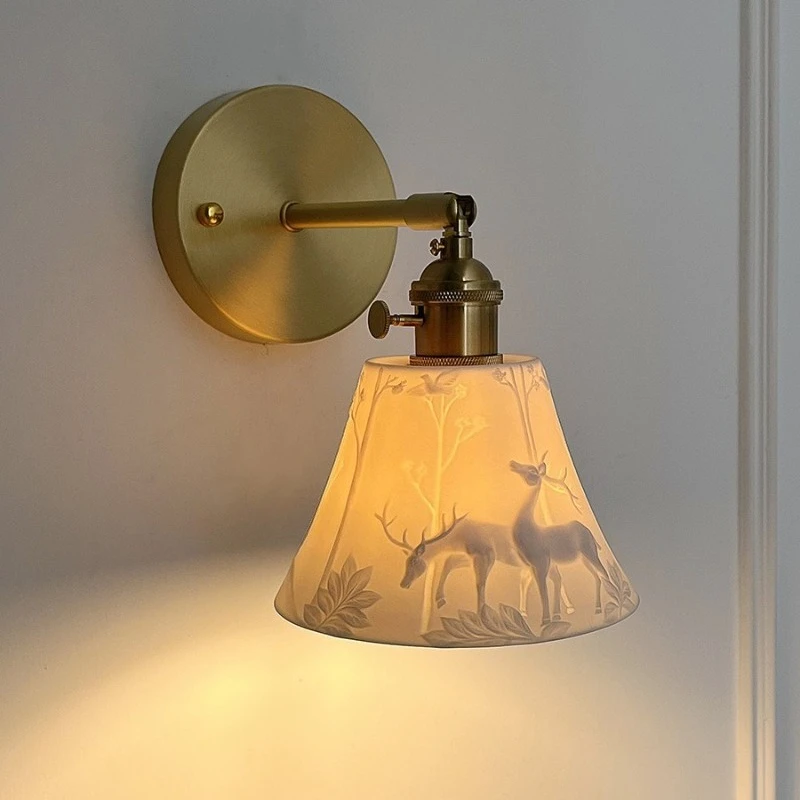 Japanese Retro Ceramic Pendant Lights Forest Deer Pattern Restaurant Cafe Homestay Bedroom Headboard Brass Interior Hanging Lamp
