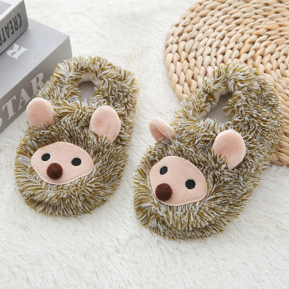 Toddler Boys Slippers Cartoon Hedgehogs Plush Warm Shoe Kids Winter House Shoes Soft Rubber Sole Home Indoor Footwear Baby Items