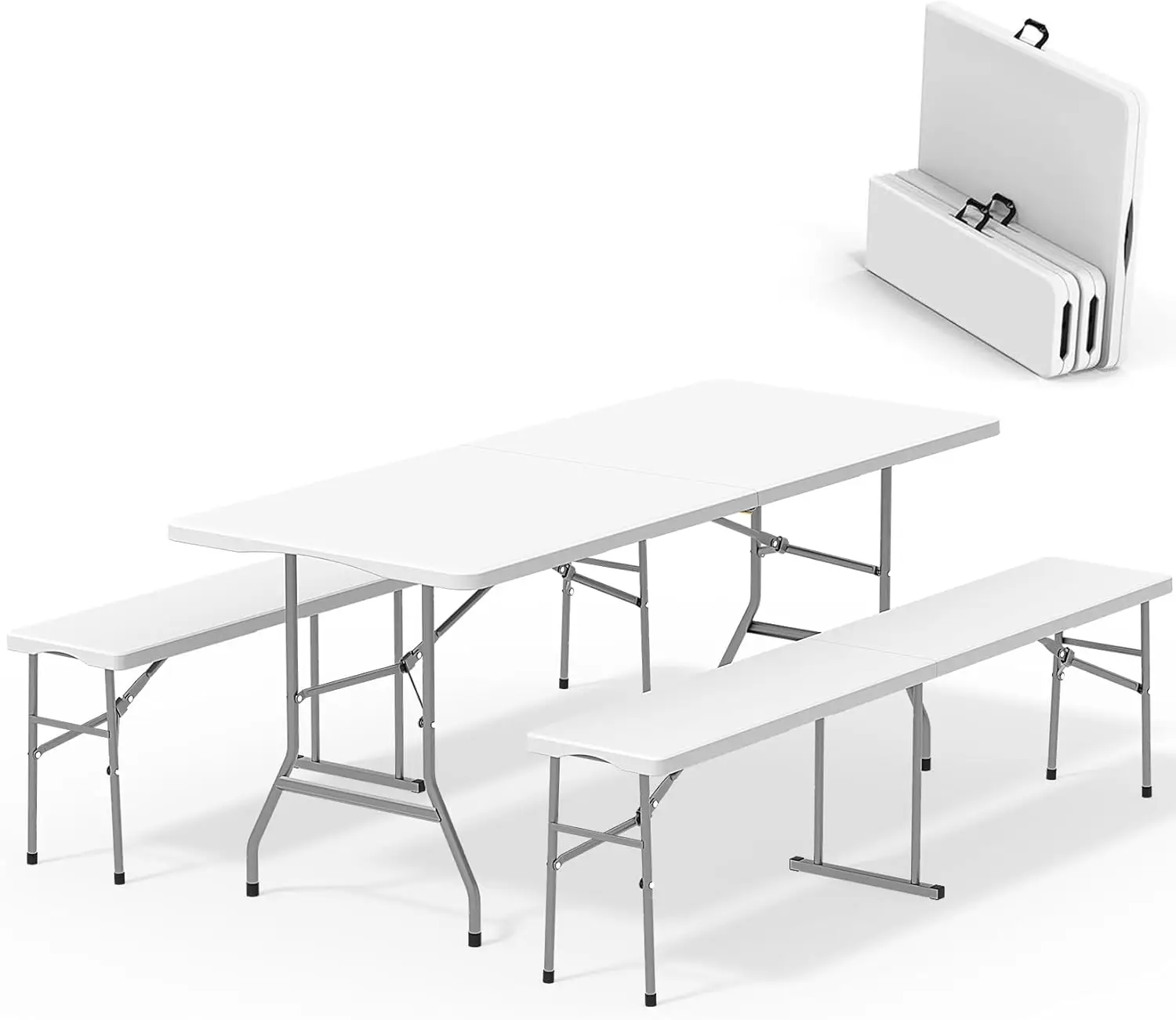 Table with 2 Benches, Outdoor Indoor Portable Folding Table for Working Meeting Parties, Camping, Picnic, Weddings w/Handle and