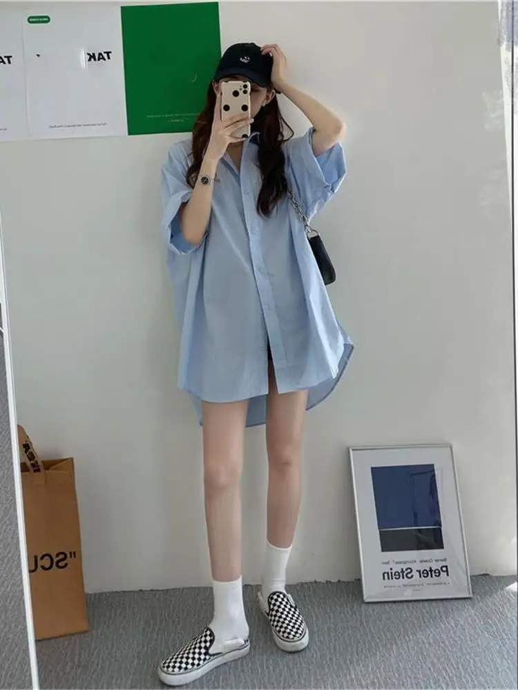 Blue Loose Women's Short Sleeve Shirt Dress Summer Korean Style Fashionable Thin Outerwear Cleanfit PU Material Chinese Made