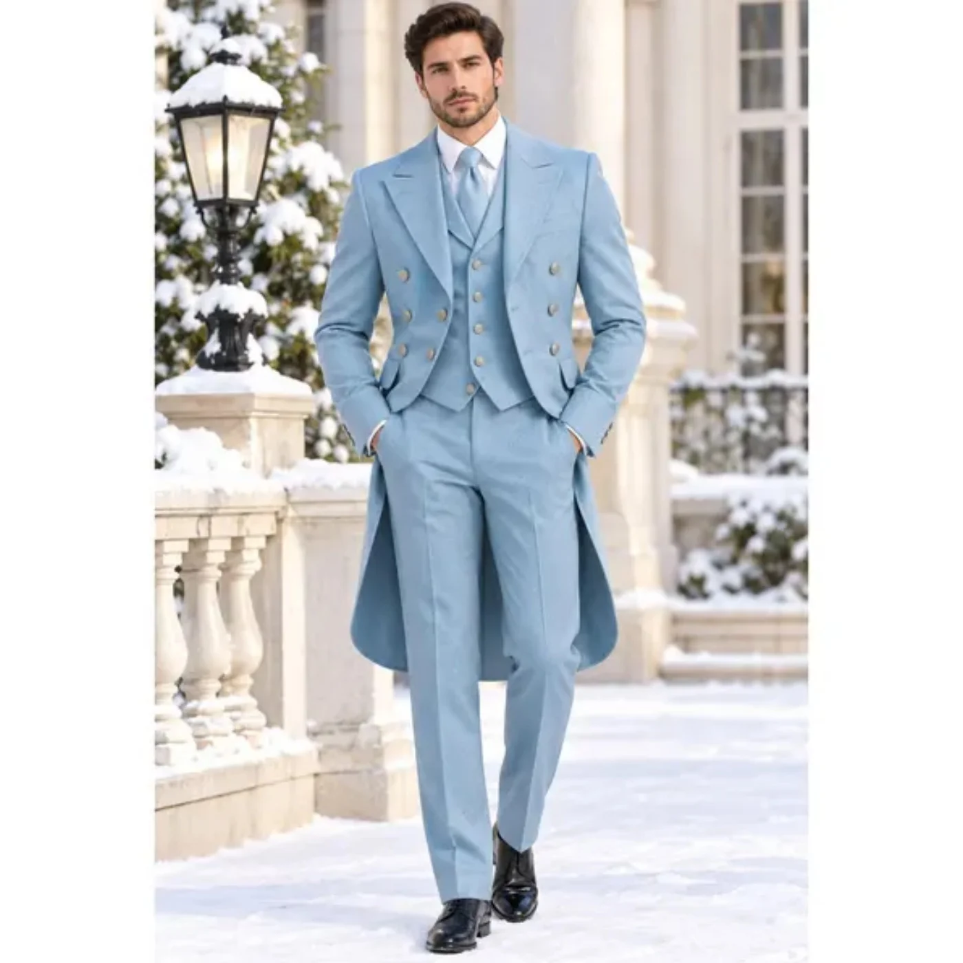 Light Blue Men 3 Pieces Wedding Tailcoat Suit Peak Lapel Double Breasted Long Tail Tuxedo Groom Formal Suit for Prom Customized