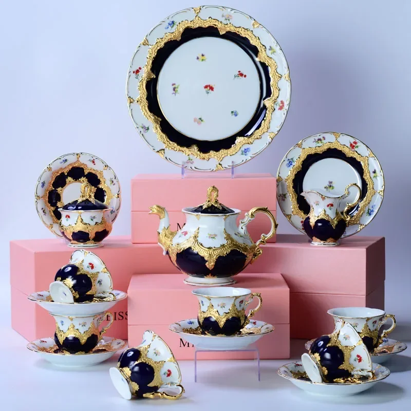 

European-Style Meijia Coffee Set Embossed Gold B- Form Cobalt Blue Tea Set Coffee Set Plate Tea Cups and Saucer Sets Coffee Cup