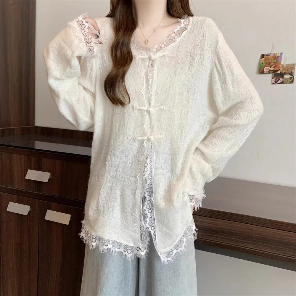 

Women's Clothing Loose O-neck Casual Shirts Spring Auutumn Button Lace Chinese Style Tops Elegant Solid Thin Knitted Blouses
