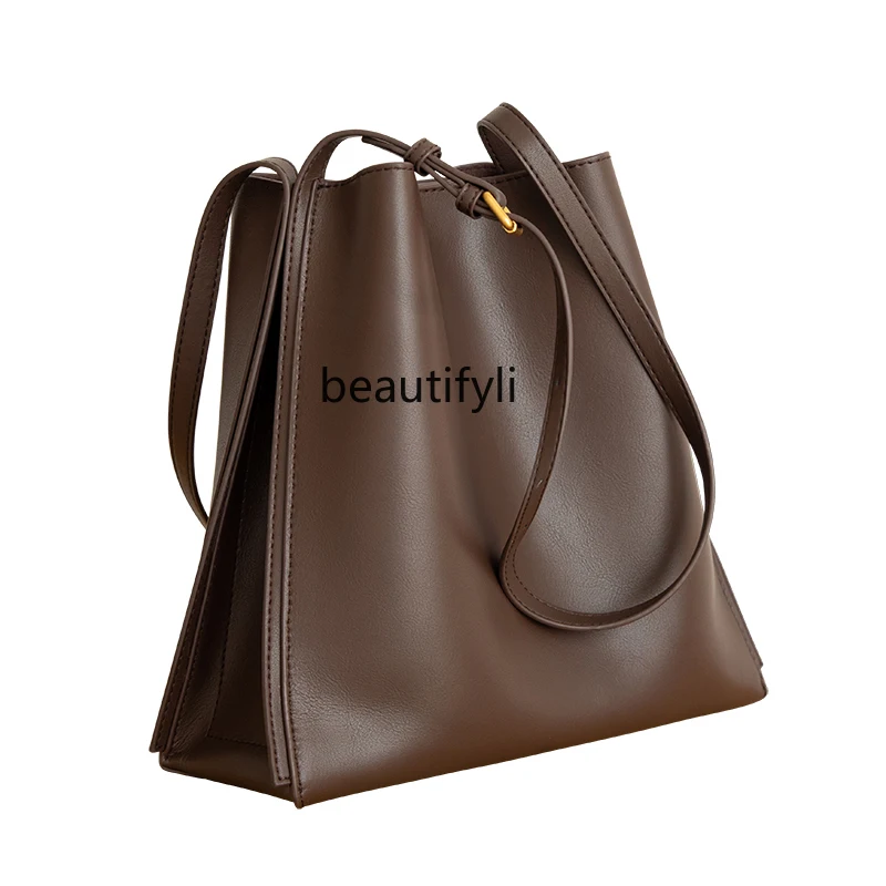 Soft Leather Tote Idle Style Bucket Bag Large Capacity Commuter Bag 2024 New Shoulder Crossbody Women's Bag Genuine Leather