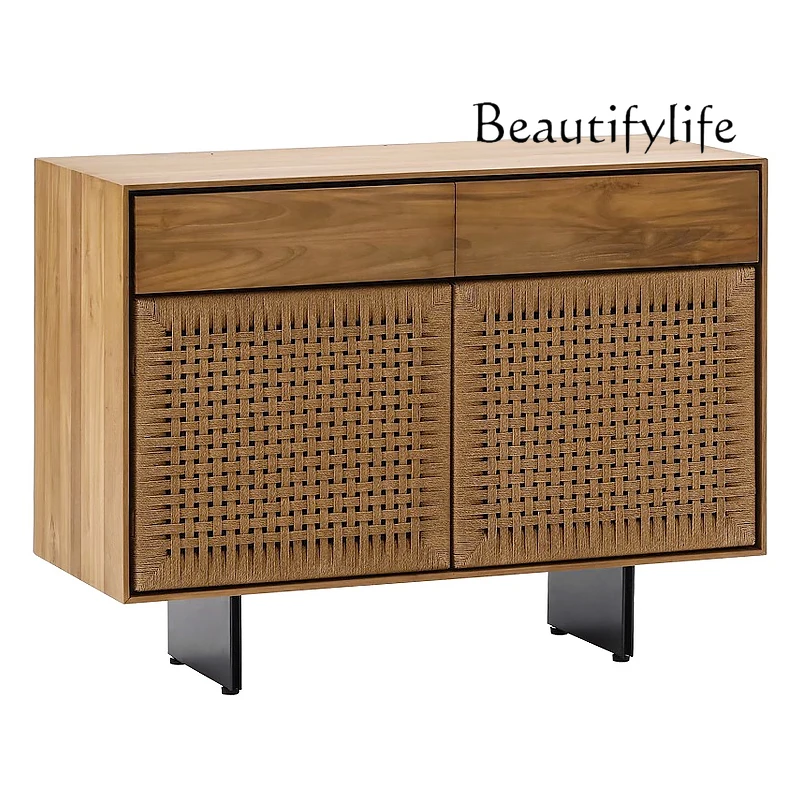 

Nordic braided rope dining side solid wood teak color porch TV cabinet simple modern living room tea cabinet locker