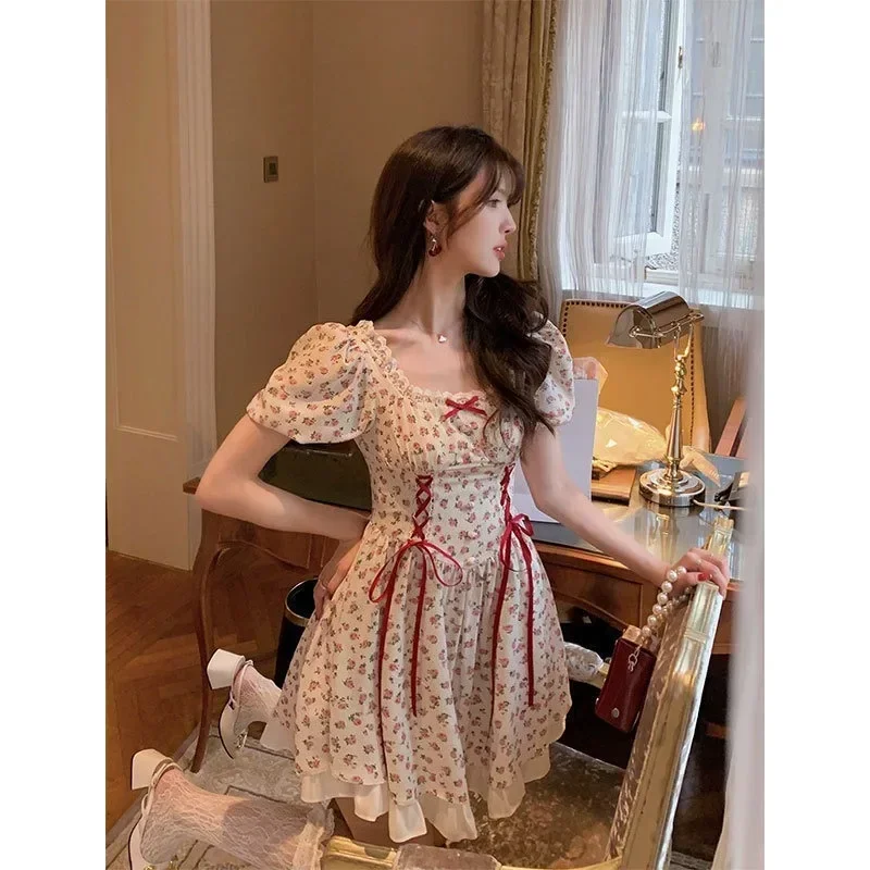

Korean Florals Print Mini Dress Women Vintage Puff Sleeve Square Lace-up High Waist Maxi Dress Female French Sweet Vestido Y2k