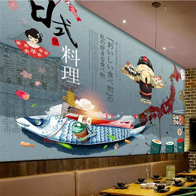 Cartoon Hand Painted Japanese Sushi Wall Paper 3D Restaurant Red Map Blue Background Industrial Decor Mural Wallpaper 3D