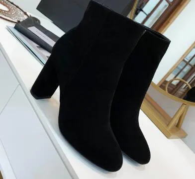 Carpaton Black Suede Chunky Heels Women Boots Fashion Round Toe High Heel Ankle Boots 35-41