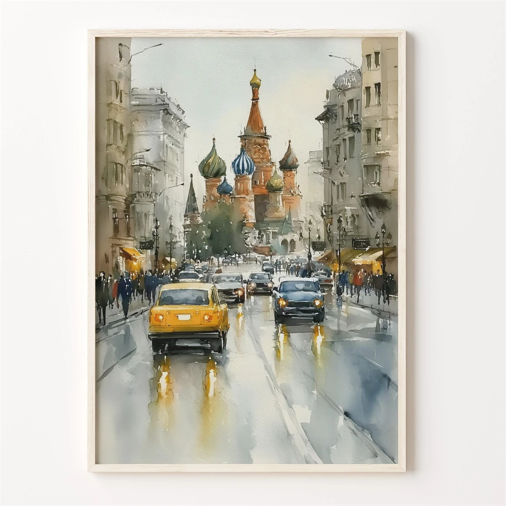 Moscow Watercolor Canvas Painting Russia Print Red Square Wall Art Saint Basil Poster Travel Wall Art Poster Home Decor
